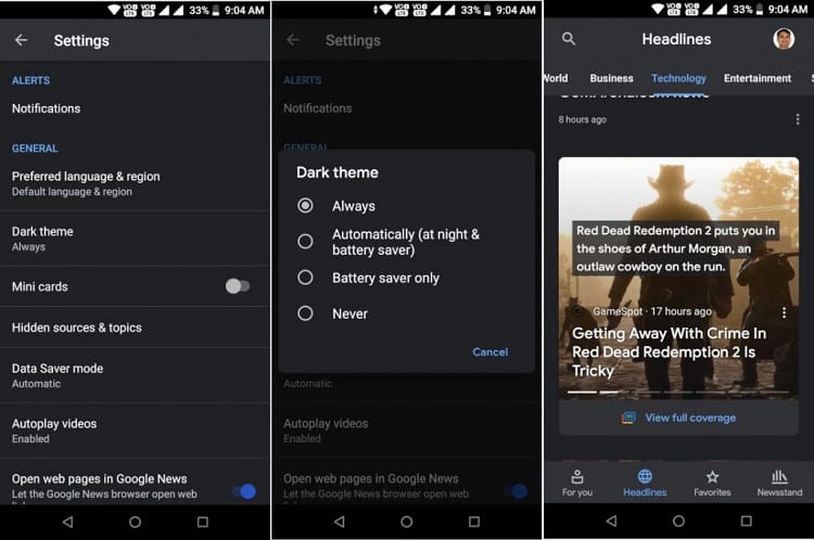 Google News’in Android Uygulamasına Karanlık Tema Ekleniyor 2 Google News’in Android Uygulamasına Karanlık Tema Ekleniyor